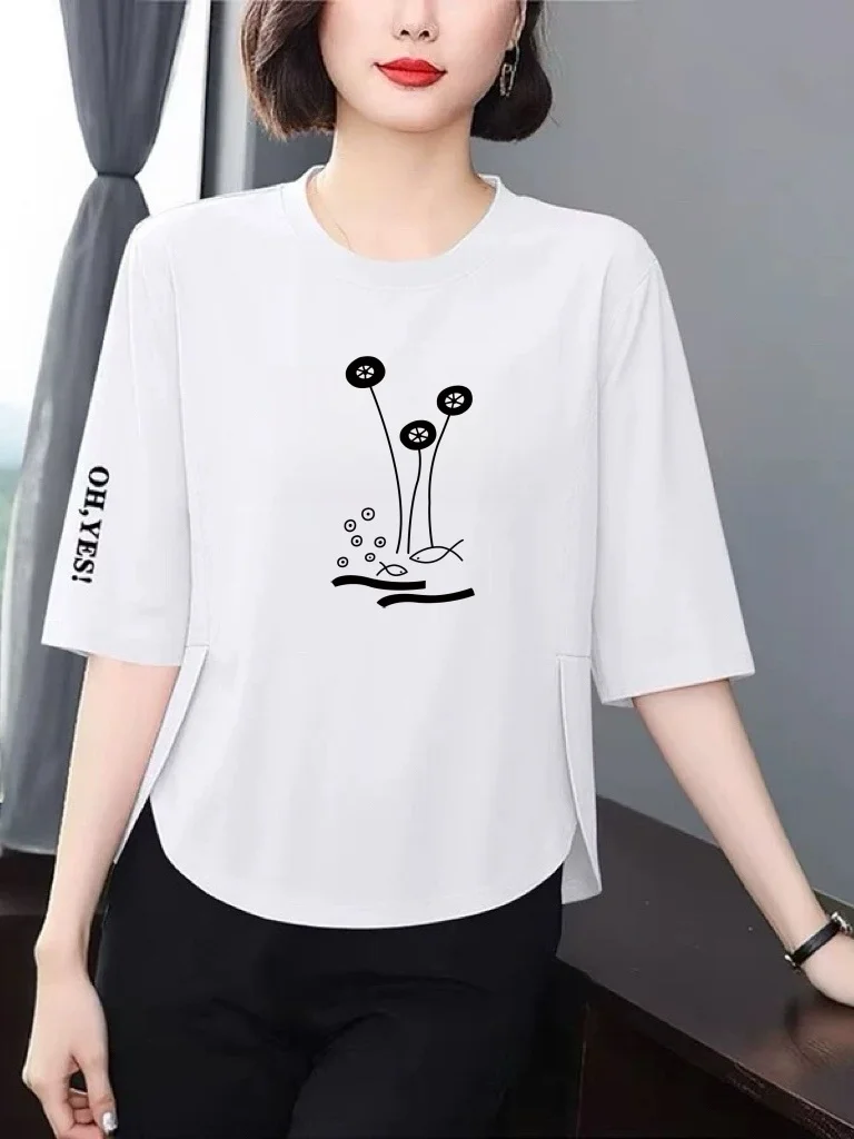 

Loose Fit Midlife Women's T-shirt Three-quarter Sleeve Printed Breathable Polyester Casual Slimming Cover-up Stylish Age-defying