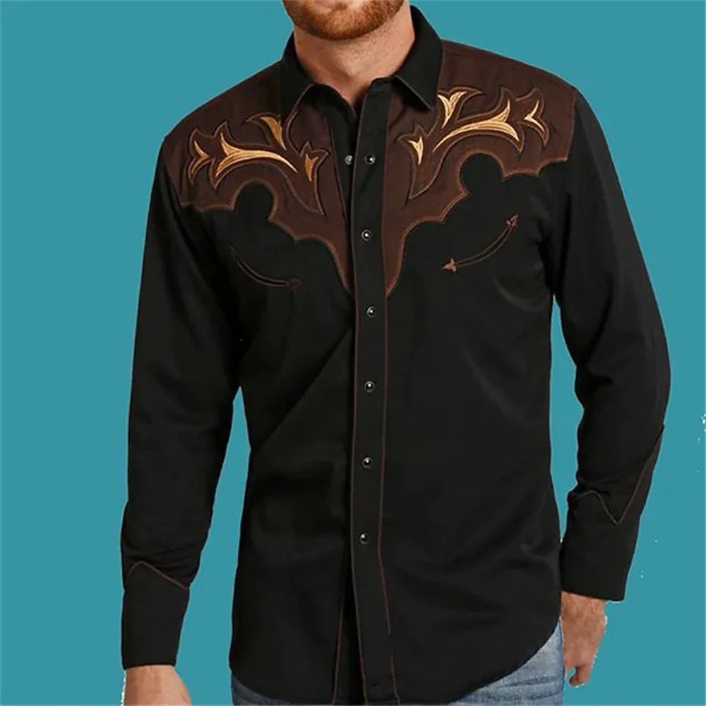 2025 Men's Long Sleeve Lapel Button Dark Natural 3D Printed Shirt Retro Black Outdoor Street Shirt Fashion Business Clothing