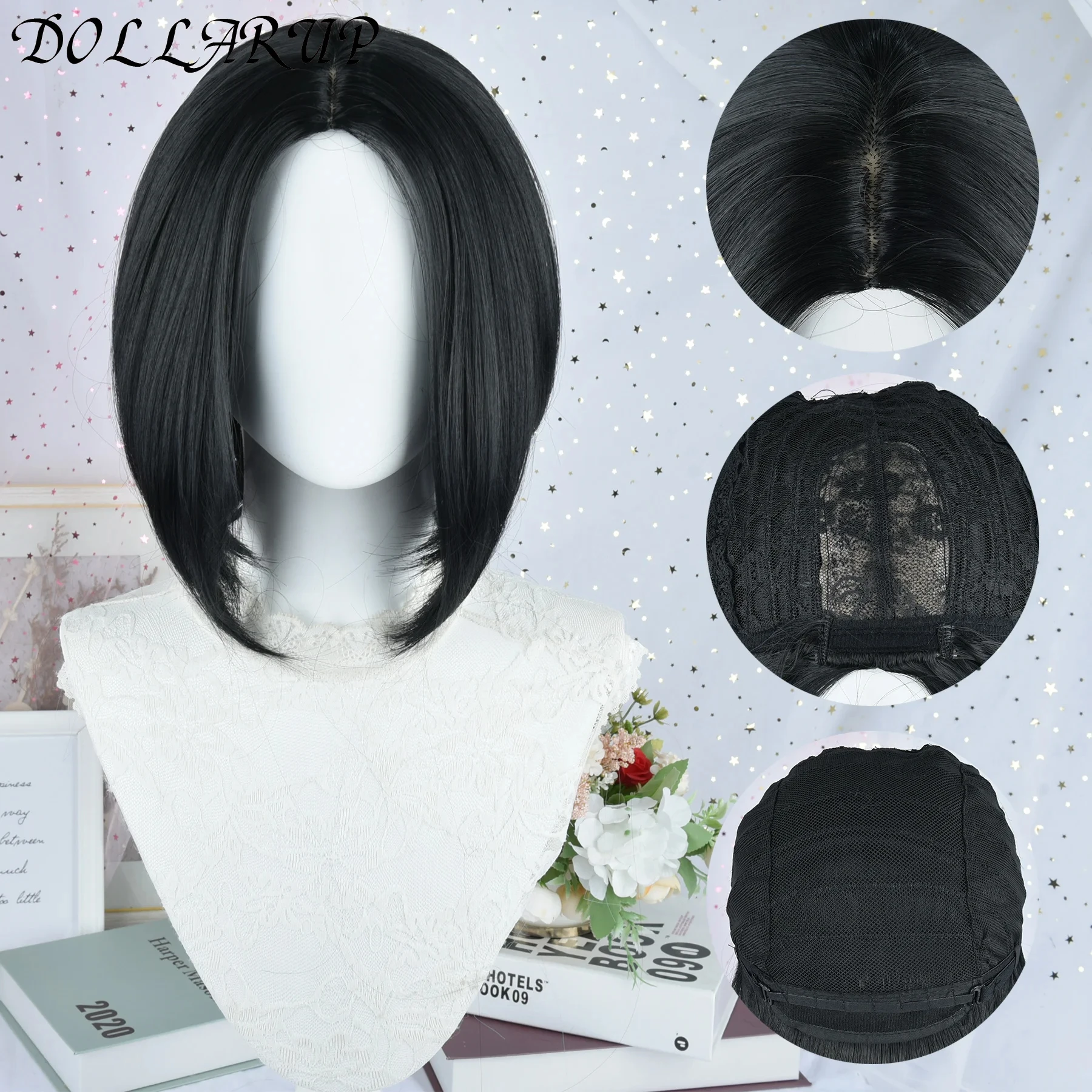 JKL بوب شعر مستعار اصطناعي أسود مع الانفجارات للنساء الأفرو قصير داكن مستقيم الباروكات تأثيري هالوين الشعر الطبيعي لوليتا مقاومة للحرارة #6