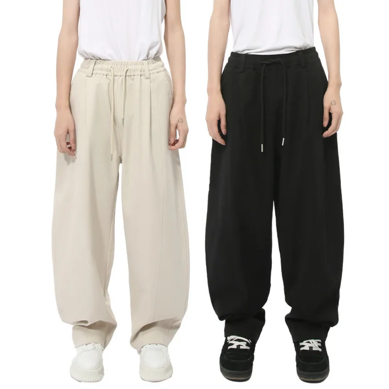 2024 Autumn Men's Sweatpants Drawstring Casual Elastic Waist Solid Color Straight Wide Leg Male Loose Trousers Trend