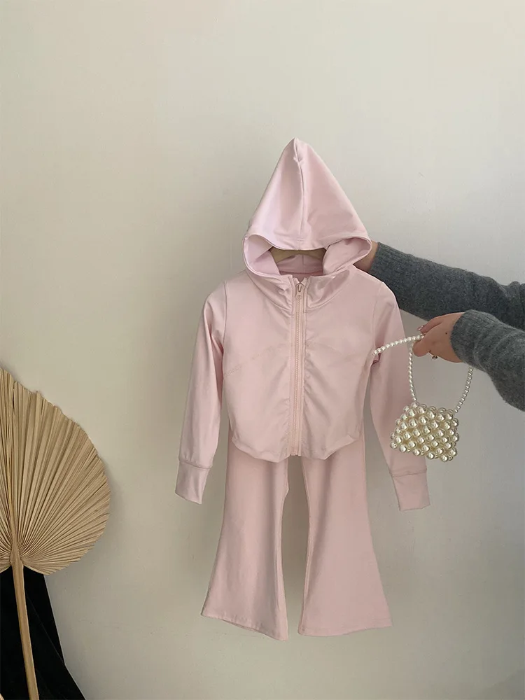 

Girls2025Spring and Autumn New Hooded Zipper Sweatshirt Versatile Flared Pants Children's Two-Piece Set Trendy
