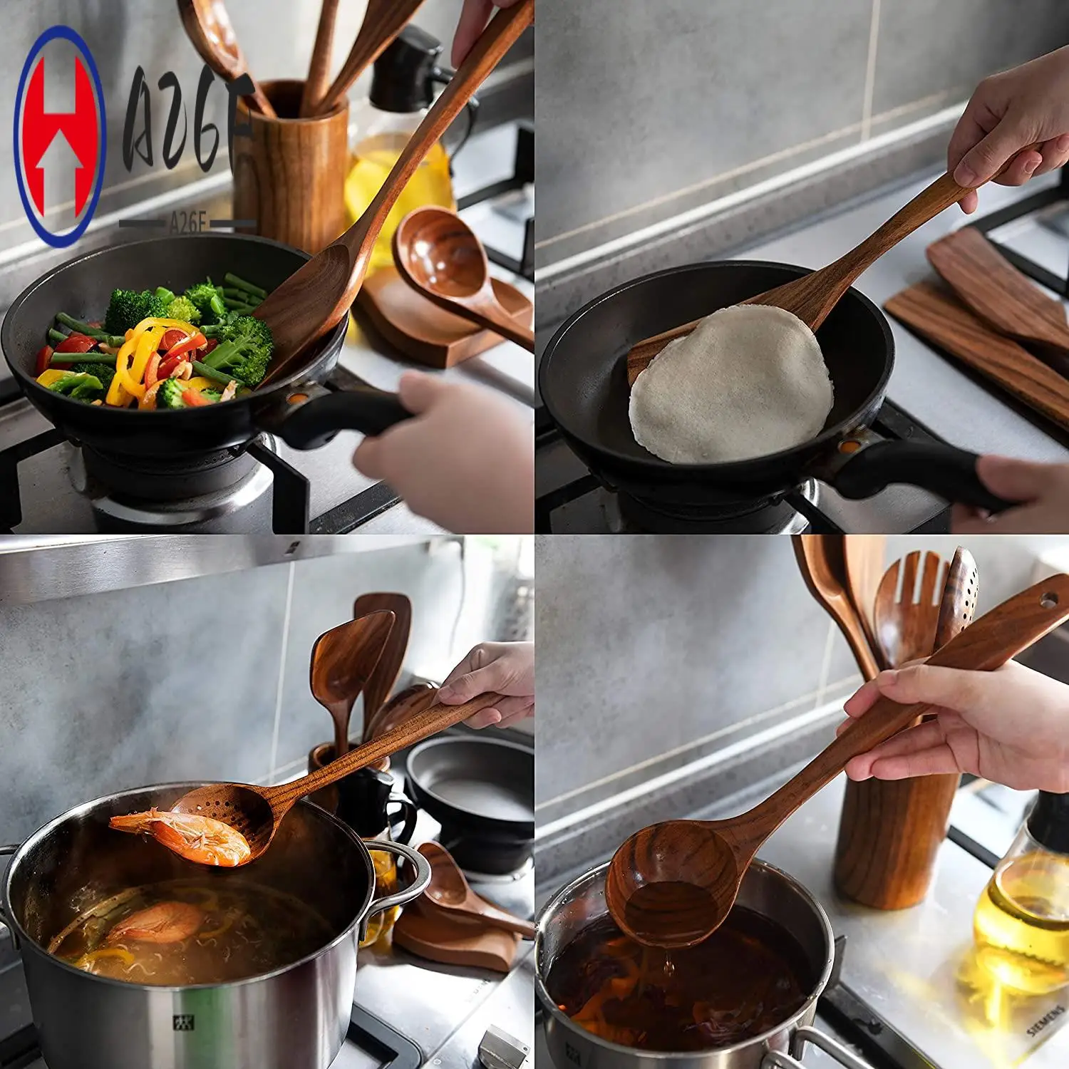 

A26F-Wooden Spoons For Cooking,Wooden Cooking Utensils Set With Wood Holder,Non-Stick Pan Kitchen Tool Wooden Cooking Spoon