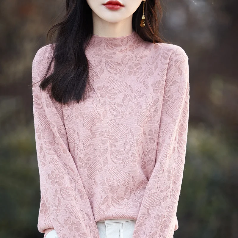 Chinese Style Spring New Wool Lace Mock Neck Sweater Women Fashion Floral Autumn Loose Long Sleeve Top Knitted Female Pullover