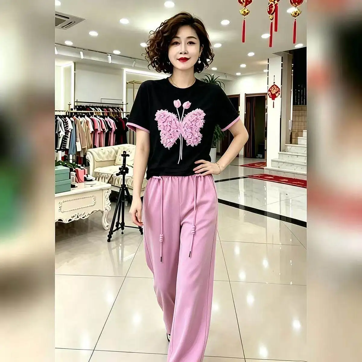  European Style Women's Summer 2026 New High Waist Wide Leg Pants Short Sleeve Two-Piece Set Slimming Effect