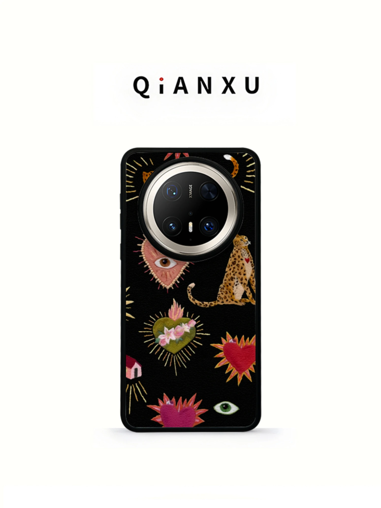 

QX Brand Mate 80 pro Max Compatible Leather Texture Heart Flower Leopard Design Women's Wristband Lanyard Protective Case