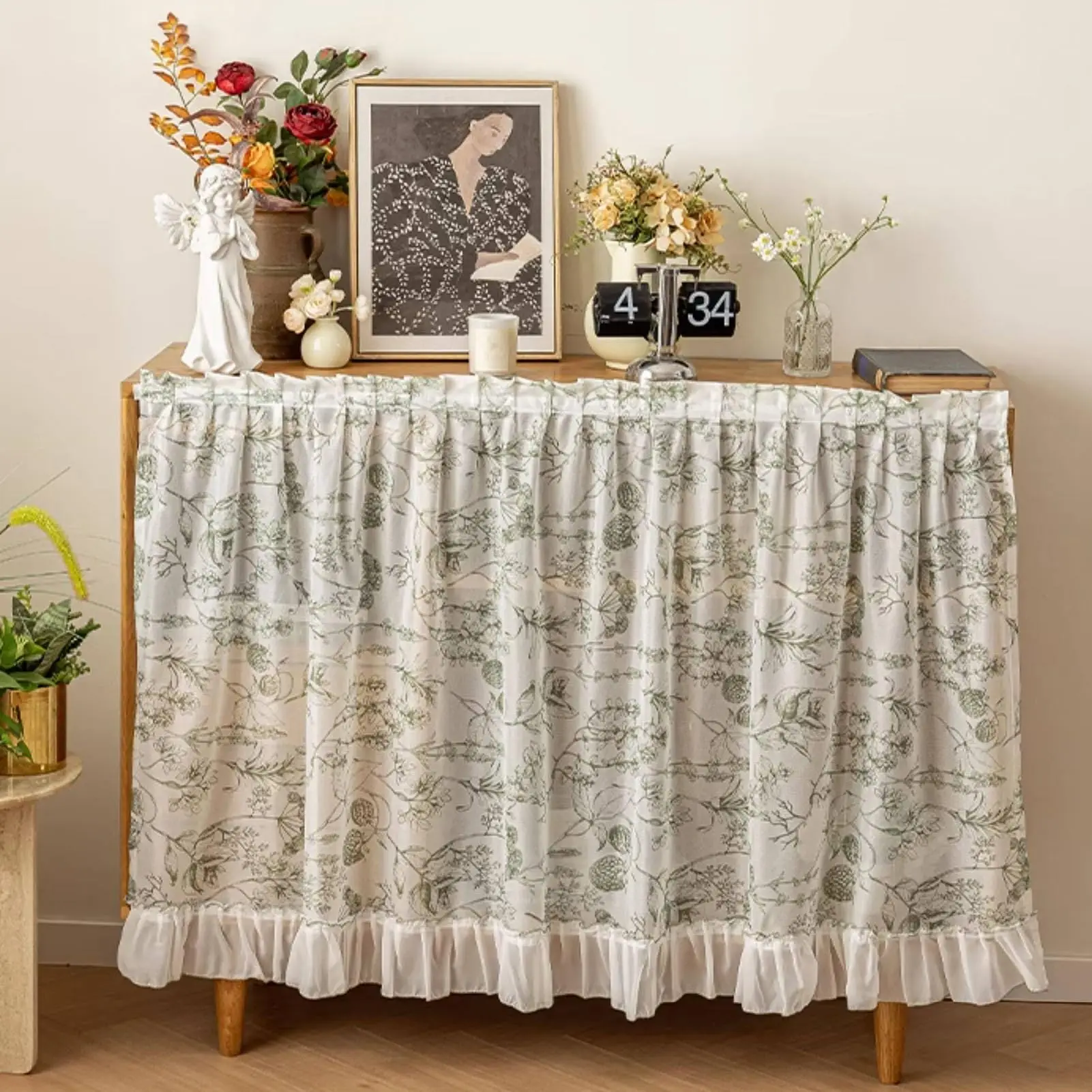 Sheer Floral Kitchen Cabinet Curtains for Shelves, Short Lace Shelf Curtain