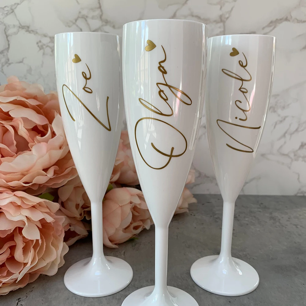 Personalised White Plastic Champagne Flute Wedding Proposal Reception Flutes Bachelorette Party Bride Tribe Gift