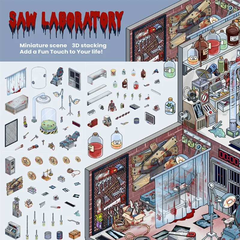 

Horror Laboratory Room Layout Scene Sticker for Kids 3D Stacking Chemistry Decal DIY Decor Scrapbook Relief Press Sticker