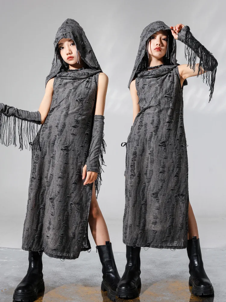 Dark Punk Style Girls Clothes Jazz Dance Costume Hole Vest Long Dress Fashion Music Festival Performance Clothing Stage