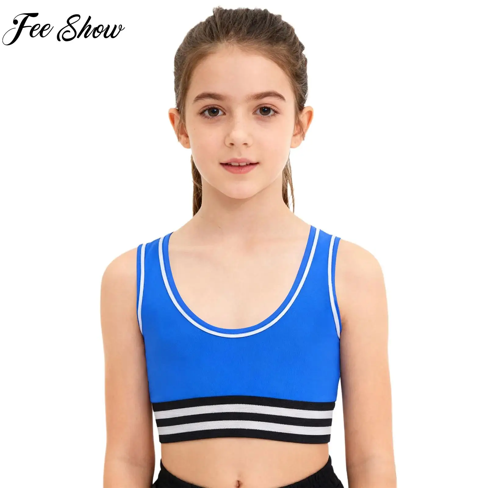 أطفال سترة رياضية للفتيات اليوغا رياضة الجري تجريب الملابس مخطط مرونة هيم سترة رياضية U-الظهر أكمام المحاصيل تانك القمم #1