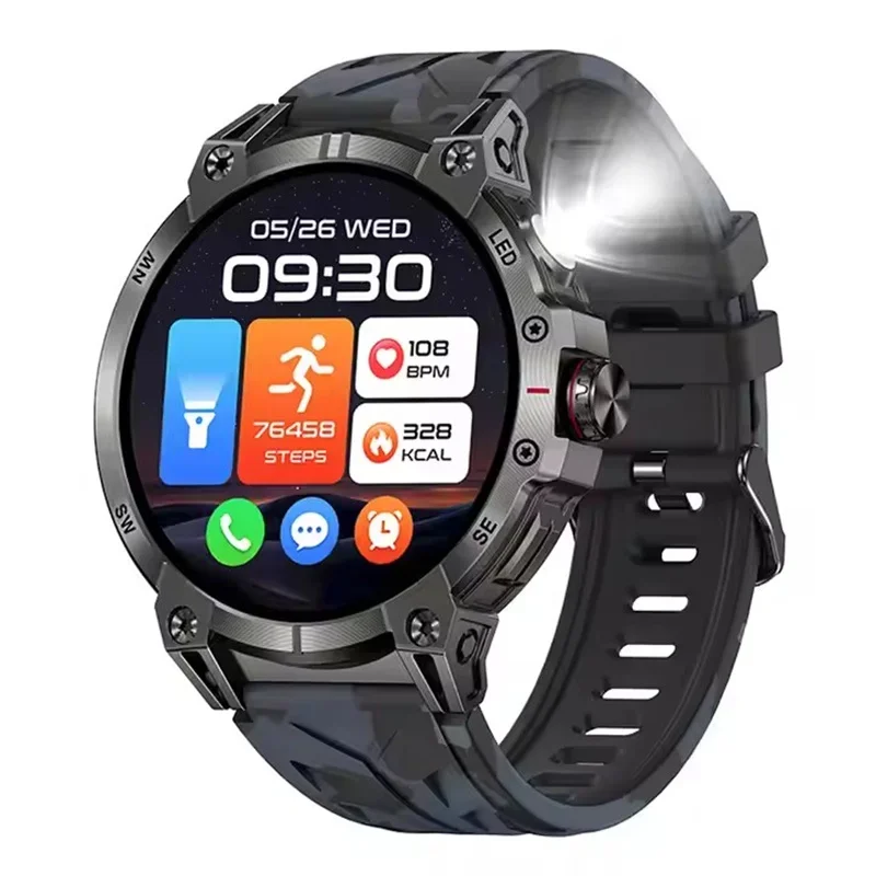 

Men's KC89 Smart Watch with LED Flashlight, Compass, BT Calling, Voice Assistant & Health Monitoring for Outdoor Sports