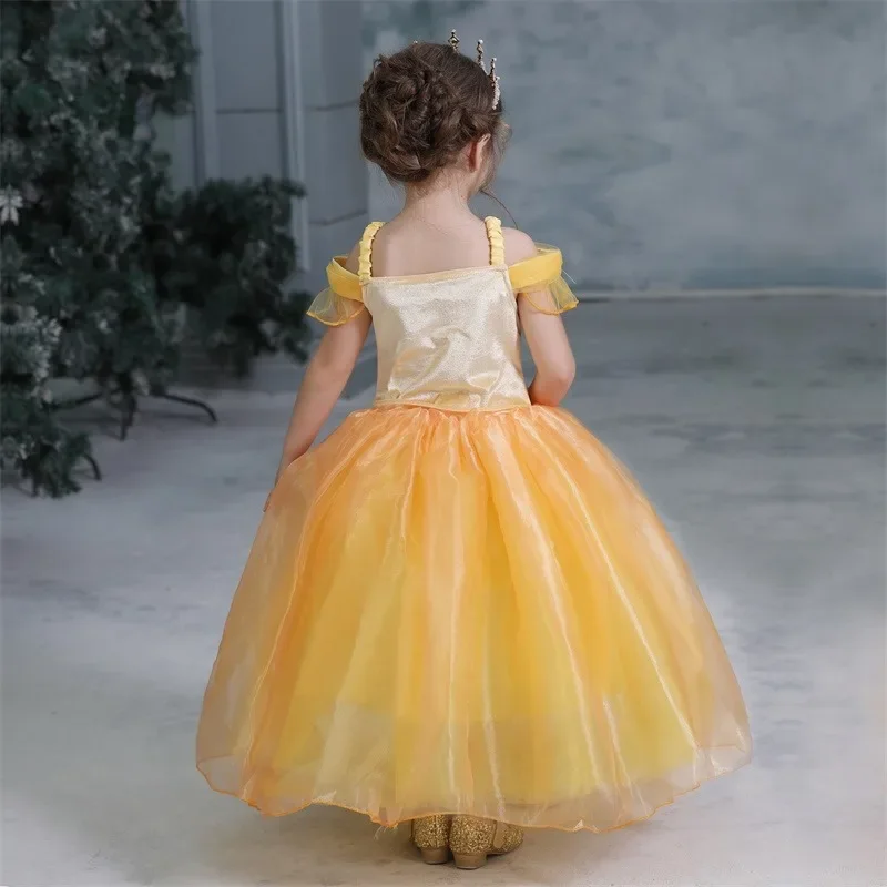 Belle Cosplay Princess Costume for Girl Kids Halloween Birthday Off shoulder Ball Gown Beauty and The Beast Carnival Party Dress