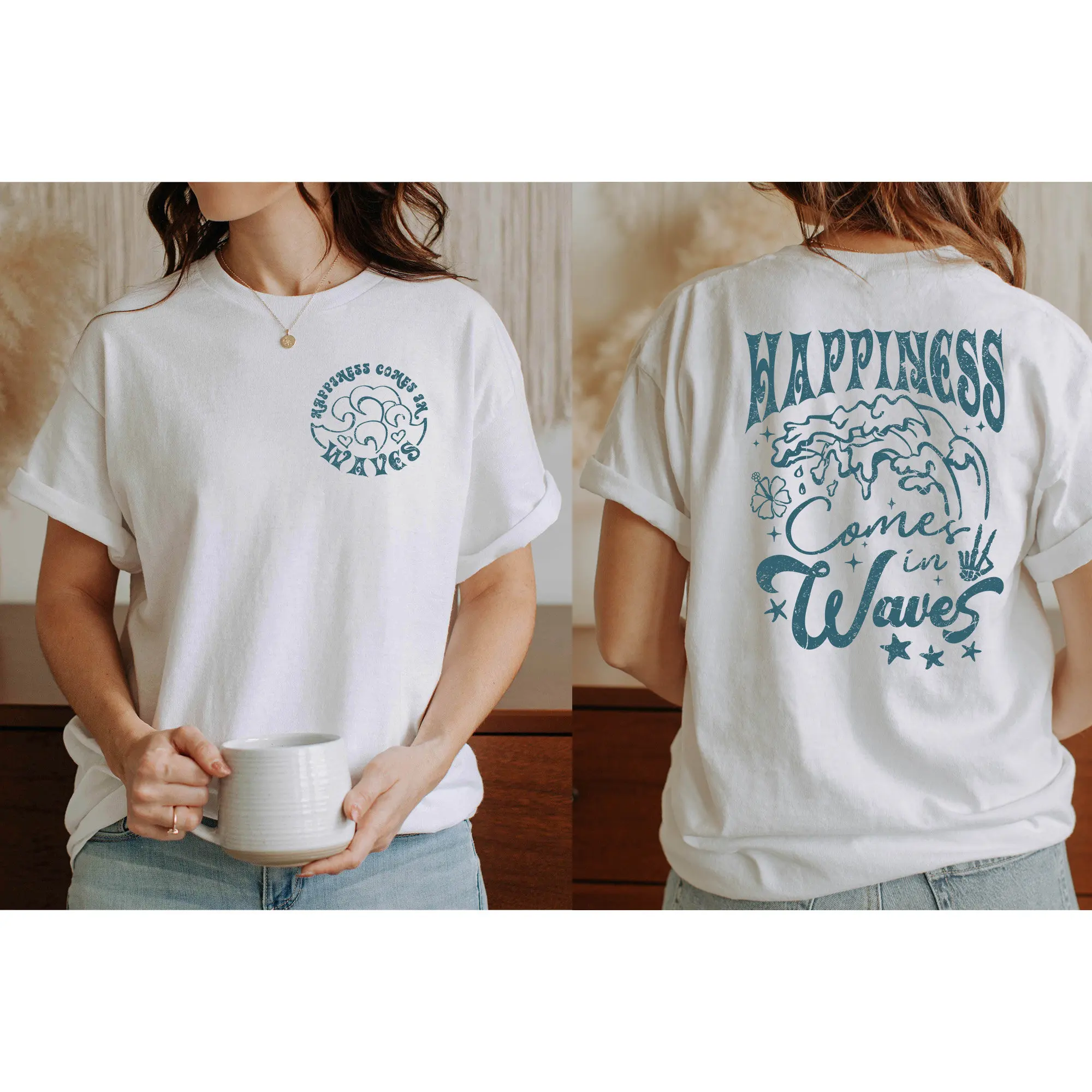 Happiness Comes In Waves T Shirt Summer Sweat Vacation Beach Vibes Wave Lover Trip Love