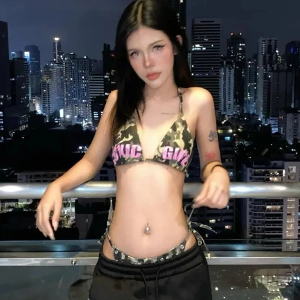 

Harajuku Aesthetics Classic Sexy Fashion Beach Style Bikini Y2K Camouflage Hot Girl Lace Letter Printed Punch Fashion Bikini Set