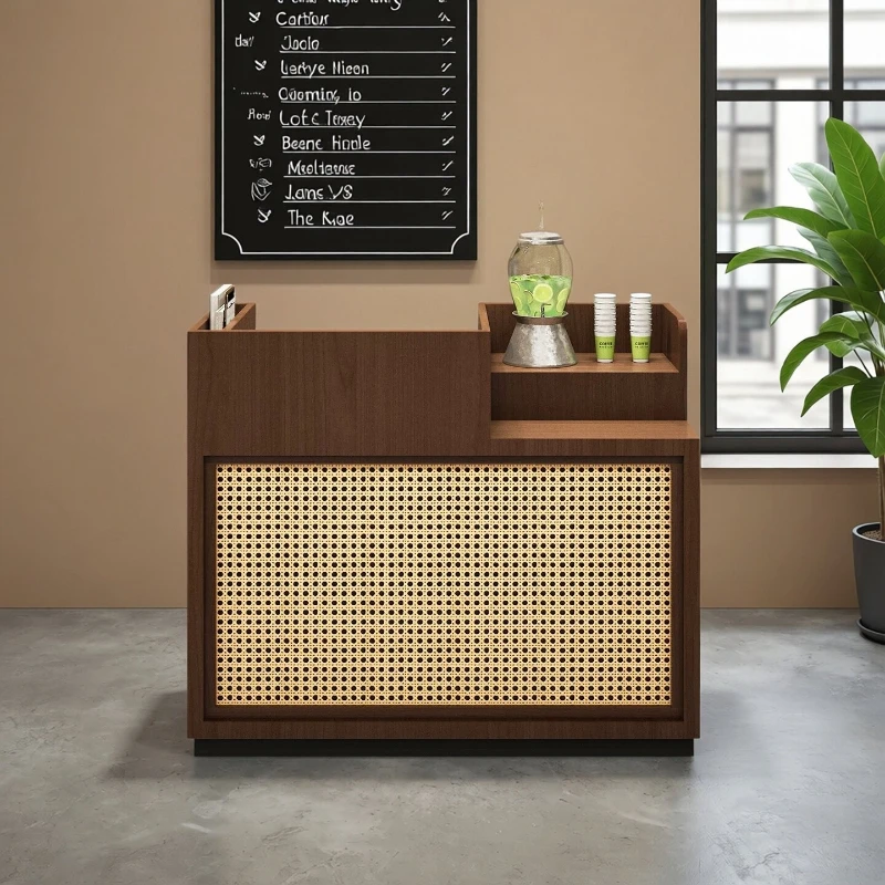 Vintage small reception desk restaurant multi-functional bar rattan front reception desk large capacity escrivaninha Furniture