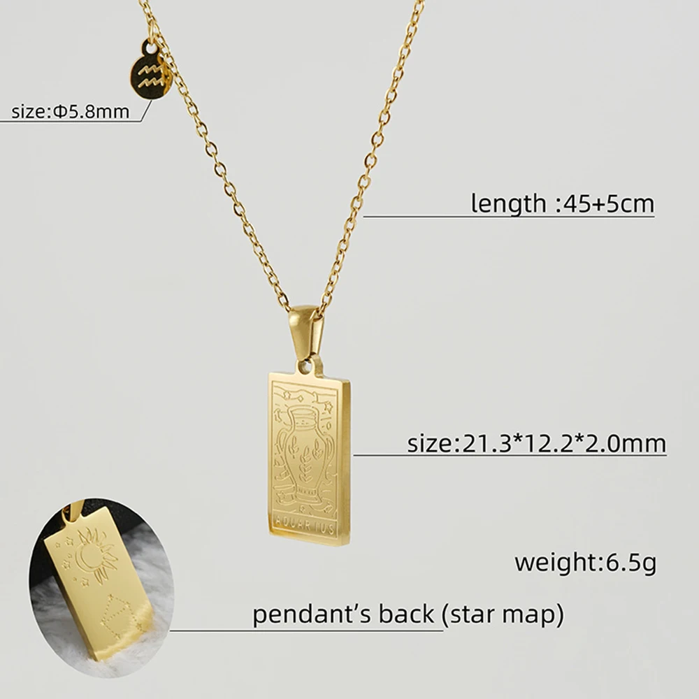 12 Constellations Tarot Necklace Stainless Steel Plating Gold Color Square Zodiac Sign Pendant Clavicle Chain for Women Jewelry