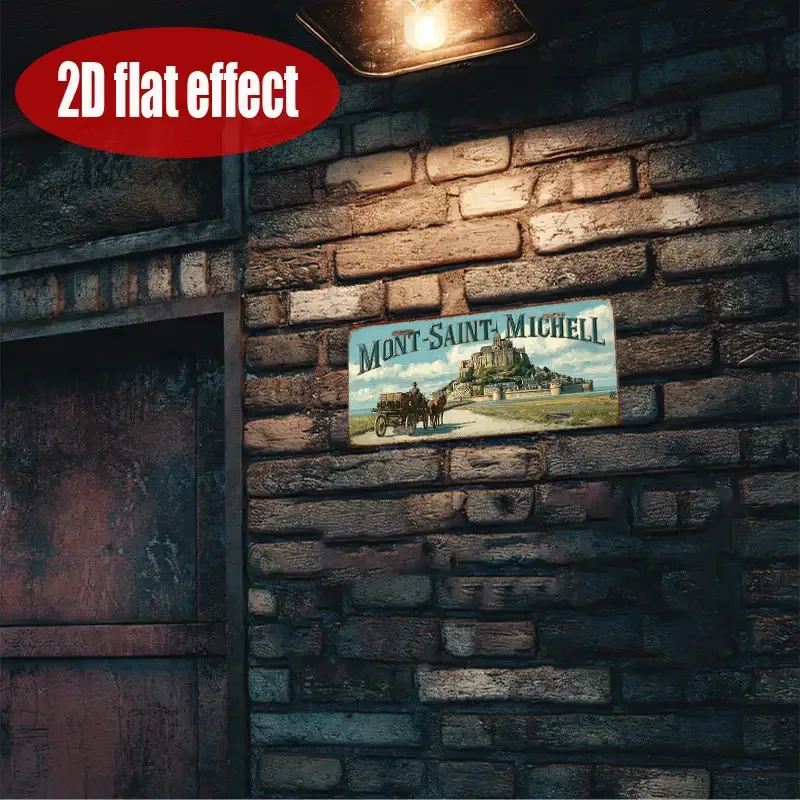 طباعة مسطحة ثنائية الأبعاد، قطعة واحدة، لافتة قصدير معدنية قديمة، لوحة فنية جدارية خارجية، علامة MONT - SAINT - MICHEL، ديكور قديم، مسار