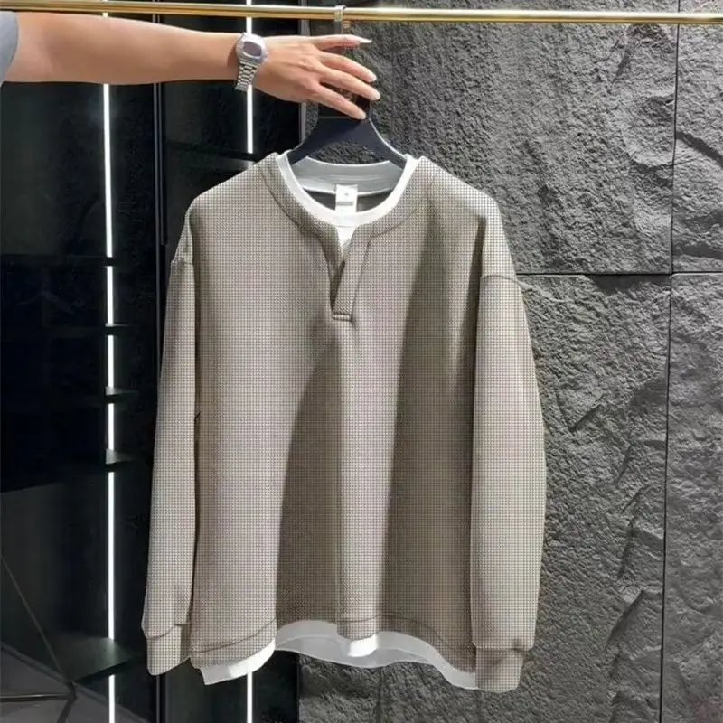 Spring Autumn Color Block round Neck Sweatshirt Men's Casual Loose  Color Base Layer Top Fashionable All-Match Streetwear