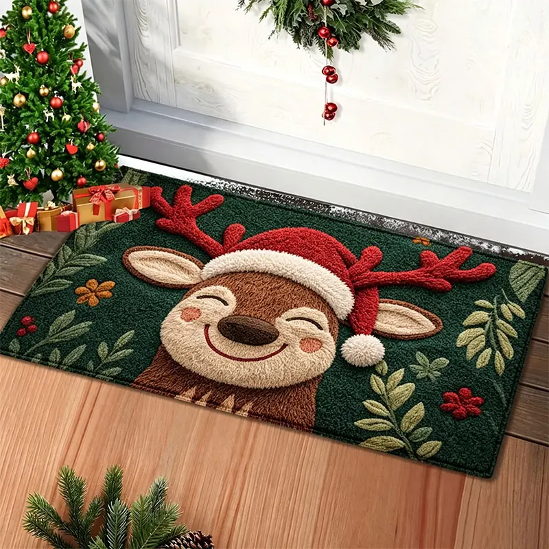 Christmas Door Mat Lovely Red Hat Reindeer Outdoor And Indoor Carpet New Year 2026 Merry Christmas Home Decor Non-Slip Foot Mat