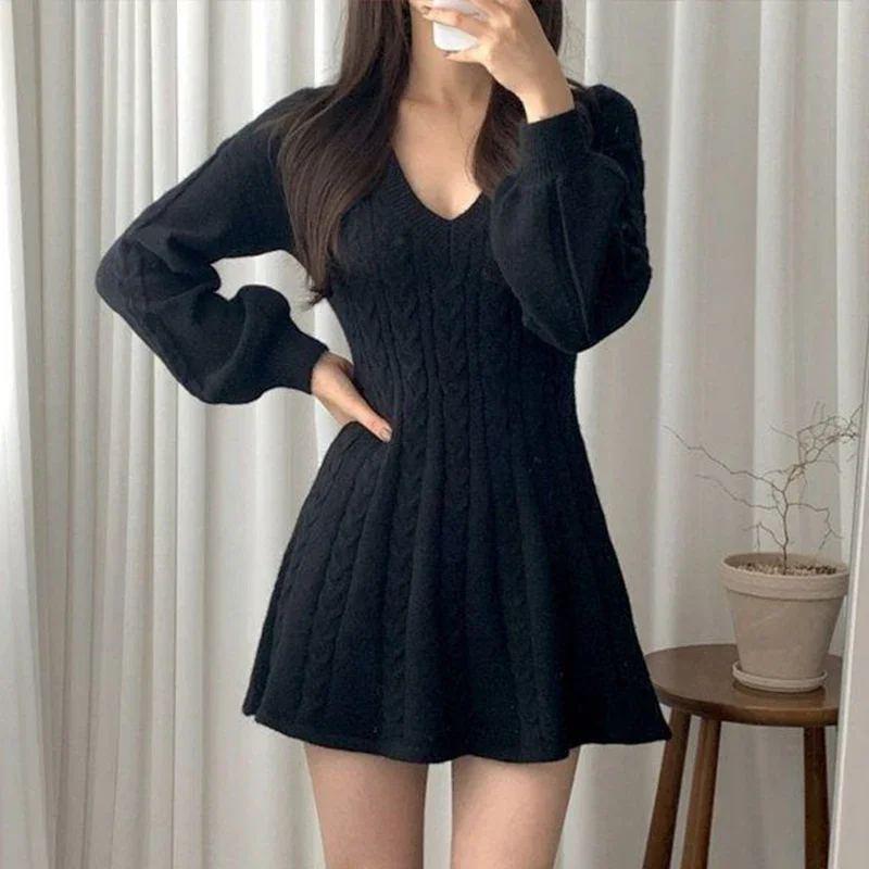 

Women Korean V Neck Sweater Dresses Woman 2023 New Solid Color One-Piece Dress Ladies Autumn Winter Long Sleeve Knitted Dress