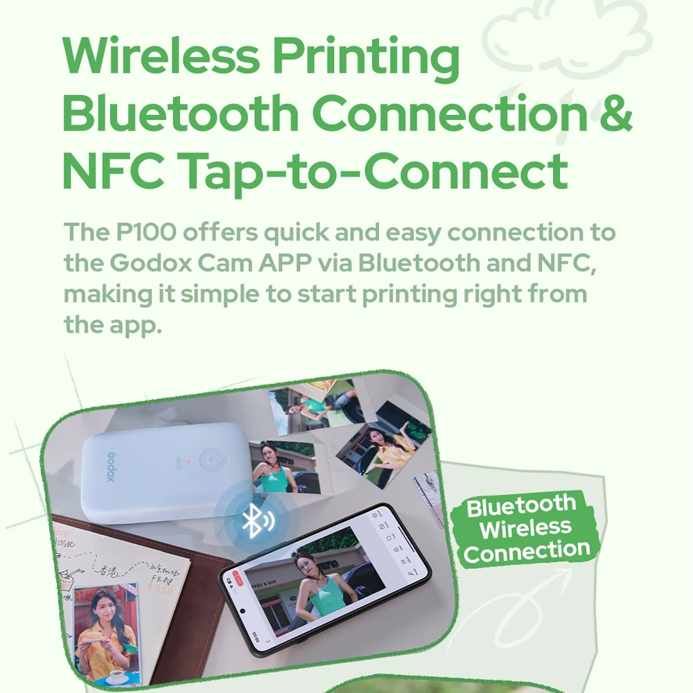 Godox P100 Mini Portable Color Photo Printer Wireless Bluetooth Sublimation Pocket Printer For Travel Family Party DIY Photo Gif