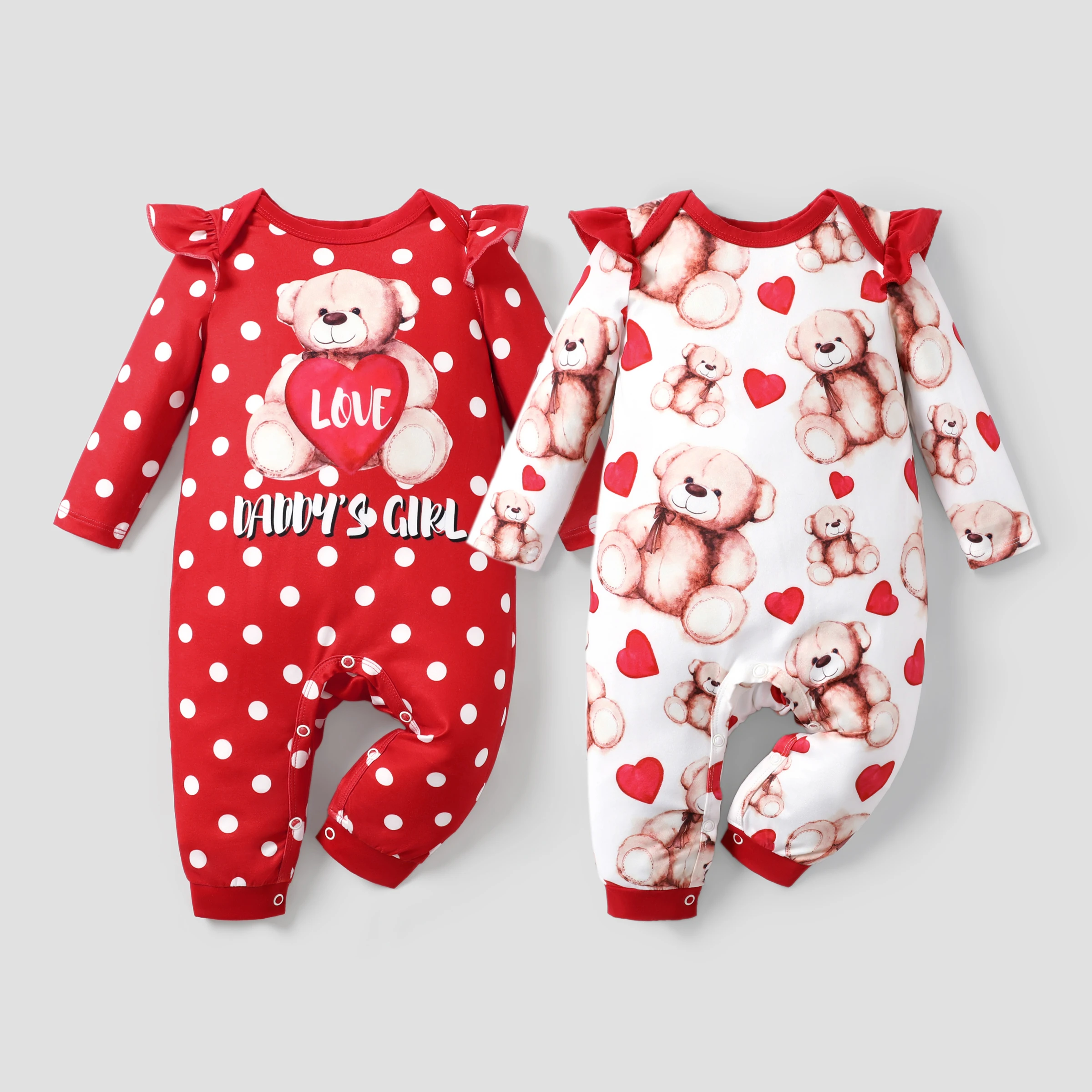 PatPat Baby Girl Valentine Sweet Bear and Polka Dot Print Jumpsuit