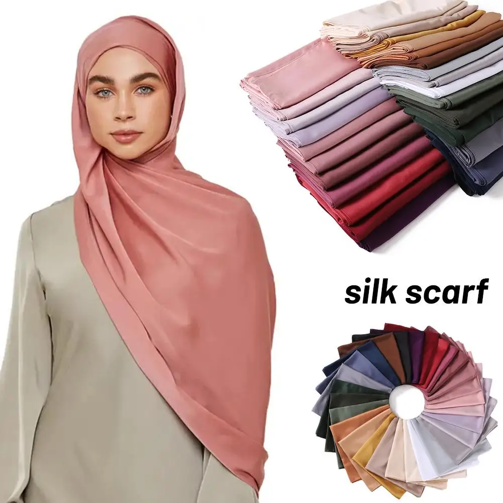 

Silk Scarf Polyester Solid Muslim Long Scarves Women Shiny Silk Medine Luxury Shawl Muslim Silk Hijab Women Veil H3Q3
