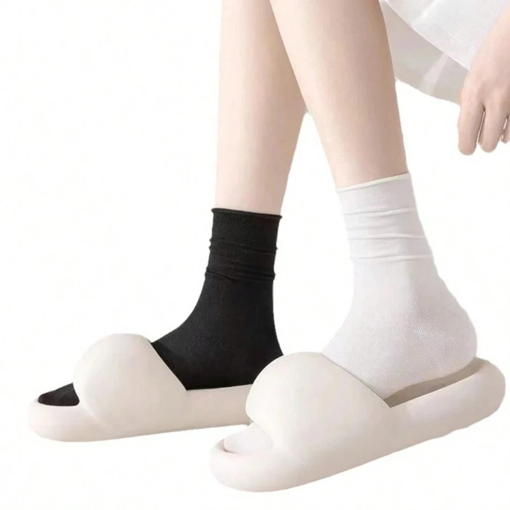 6 Pairs Women Long Socks Versatile Summer Small Medium Sized Leg Black White Solid Color Light Thin Breathable Casual Socks