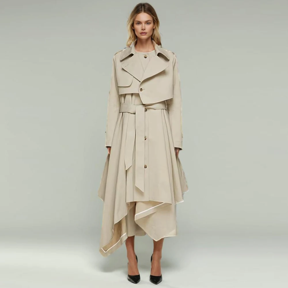 Solid Casual Designer Trench For Women Lapel Long Sleeve High Wiast Spliced Belt  Asymmetrical Hem Long Coat Female