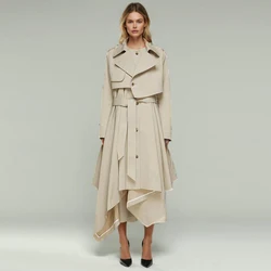 Solid Casual Designer Trench For Women Lapel Long Sleeve High Wiast Spliced Belt  Asymmetrical Hem Long Coat Female