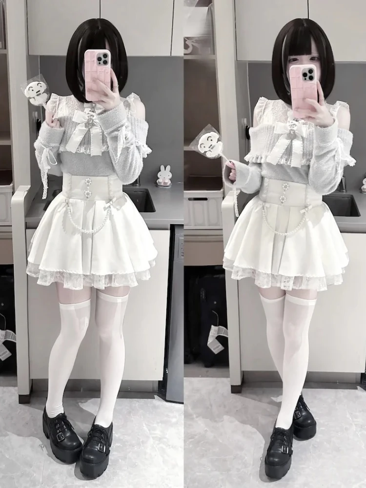 

Зимний японский сладкий вязаный комплект из 2 предметов, женский свитер с бантом + кружевная юбка в стиле ретро, женская шикарная кавайная модная сказочная одежда 2025