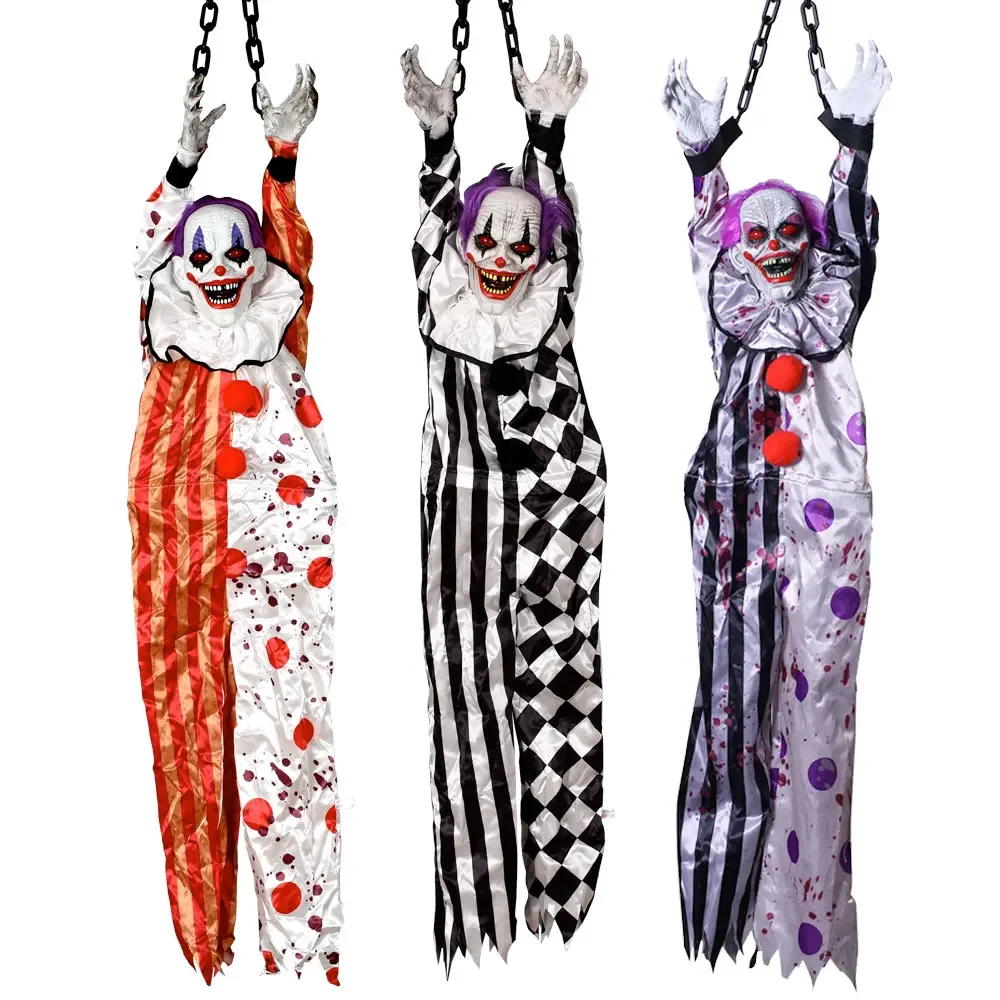 

Scary Hanging Clown Halloween Party Decoration Talking Clown Animatronics with Glowing Eyes Haunted House Prop Outdoor Decor