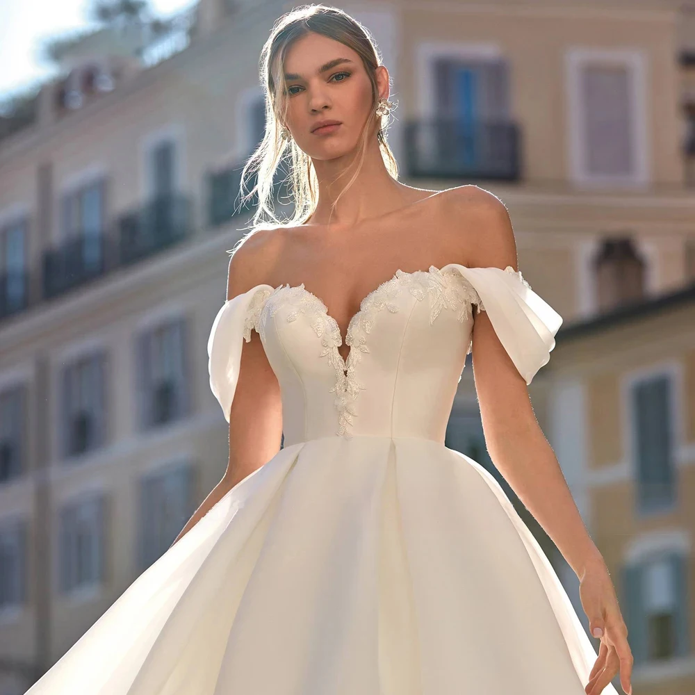 

Exquisite Satin Off The Shoulder Wedding Dress Elegant Lace Appliques Sweetheart Neck A Line Bridal Gowns Vestidos De Novia