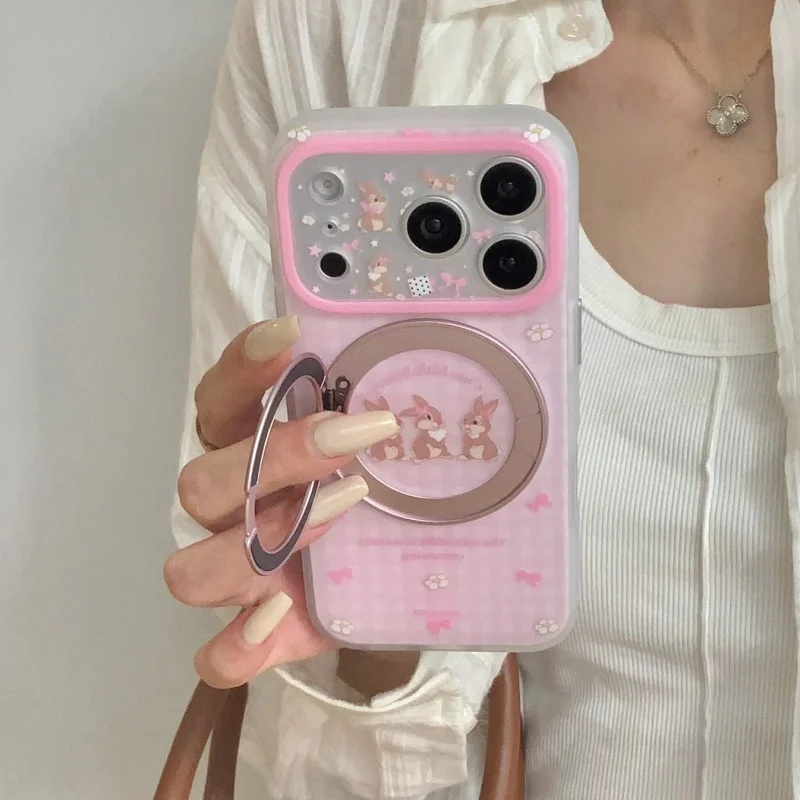 

Fashion Pink Plaid Pattern Cute Rabbit Phone Case For iPhone 17 Pro 16 15 Pro Max Cover with Ring Stand Cartoon Protective Cases