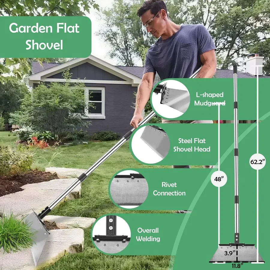 أداة سحب الأعشاب، مكشطة مجرفة مسطحة متعددة 12 شديدة التحمل، 14 مشط من الفولاذ مع مقبض طويل قابل للتعديل لأوراق الشجر ومضخم الطحلب Ed