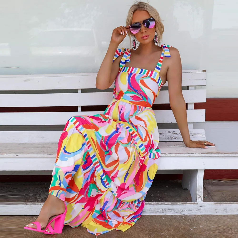 

Summer Fashion New Printed Suspender Dress Women One Line Collar Oversize Hem Lace Up Long Skirt Elegant Resort Style Slim Dress