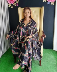 Summer New Women Fashion African Two Pieces Set Printing Bat Sleeve Blouse Shirt and Wide Leg Pants Ladies Outfits Nigeria