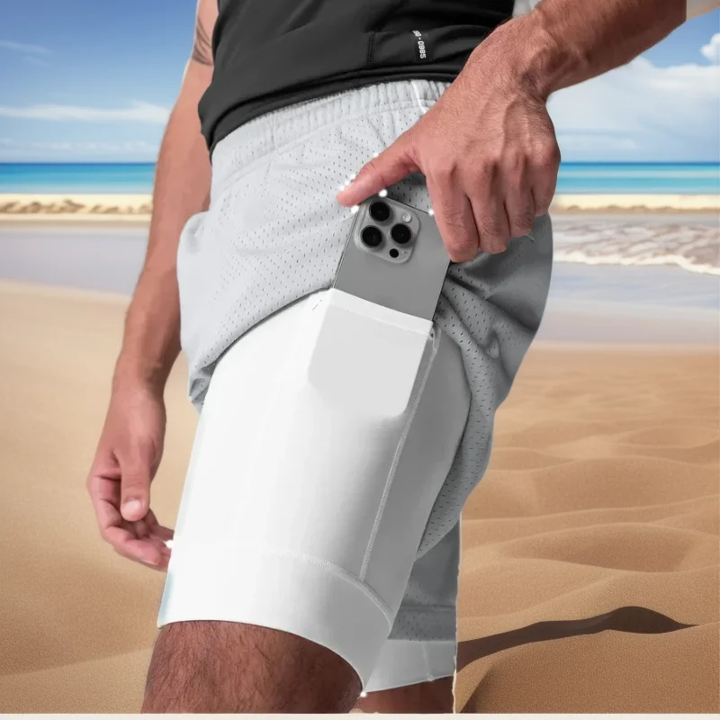 Summer Men's 2-in-1 Running Shorts Quick Dry Athletic Casual Shorts with Lined Cell Phone Pocket Towel Ring Workout Shorts