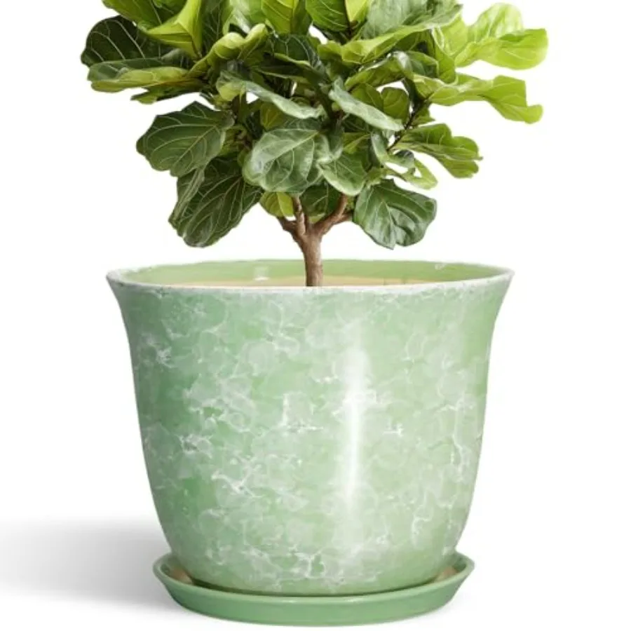 

12 Inch Ceramic Plant Pots with Drainage Hole and Saucer for Indoor Outdoor Use Modern Round Decorative Planter in Neutral Tone