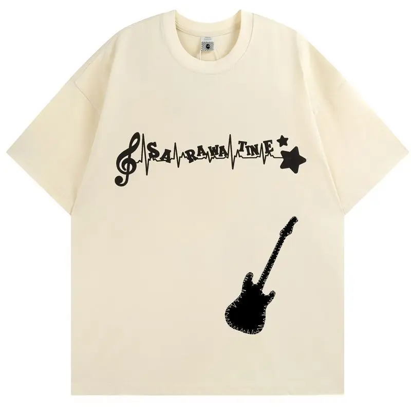 

Хлопковые футболки унисекс в стиле панк с принтом букв и гитары, свободные повседневные топы с коротким рукавом, модные футболки с полурукавом
