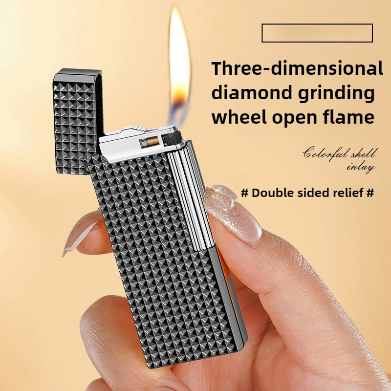 3D Diamond Embossed Thin Portable Grinding Wheel Inflatable Lighter Outdoor Portable Open flame Lighter Barbecue Kitchen