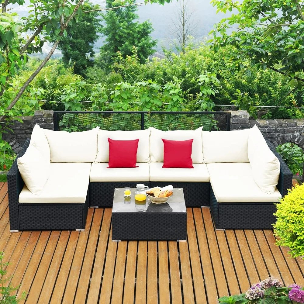 7 Piece Patio Furniture Set, Outdoor Sectional Sofa w/Pillows and Cushions, Wicker Sofa Conversation Set with Coffee Table