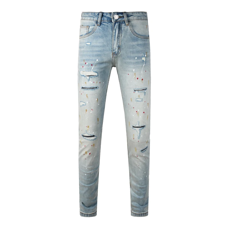 Fashionable men's light blue elastic slim fit jeans painted with nostalgia, scratch washed vintage jeans, Italian straight leg p