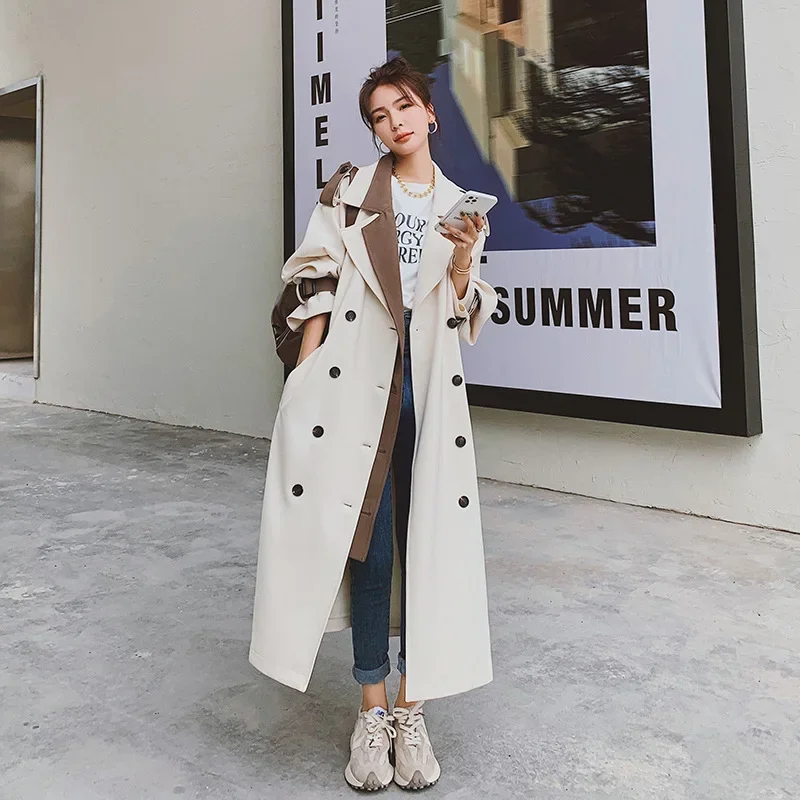 

Осень 202, женский бежевый плащ в корейском стиле, тонкое двубортное пальто средней длины