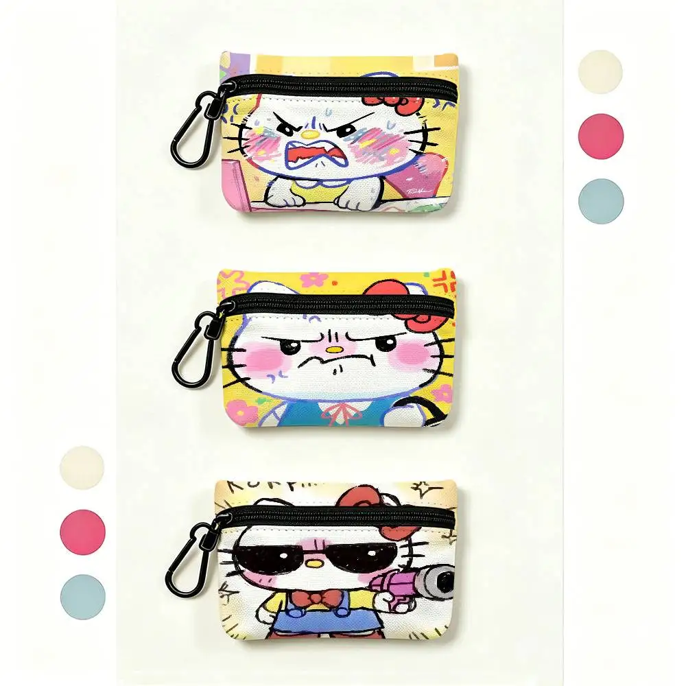 Cute H-Hello K-Kitty cartoon White Oxford Cloth Zipper Coin Purse Lightweight Hanging Key Pouch Card Holder For Daily Use