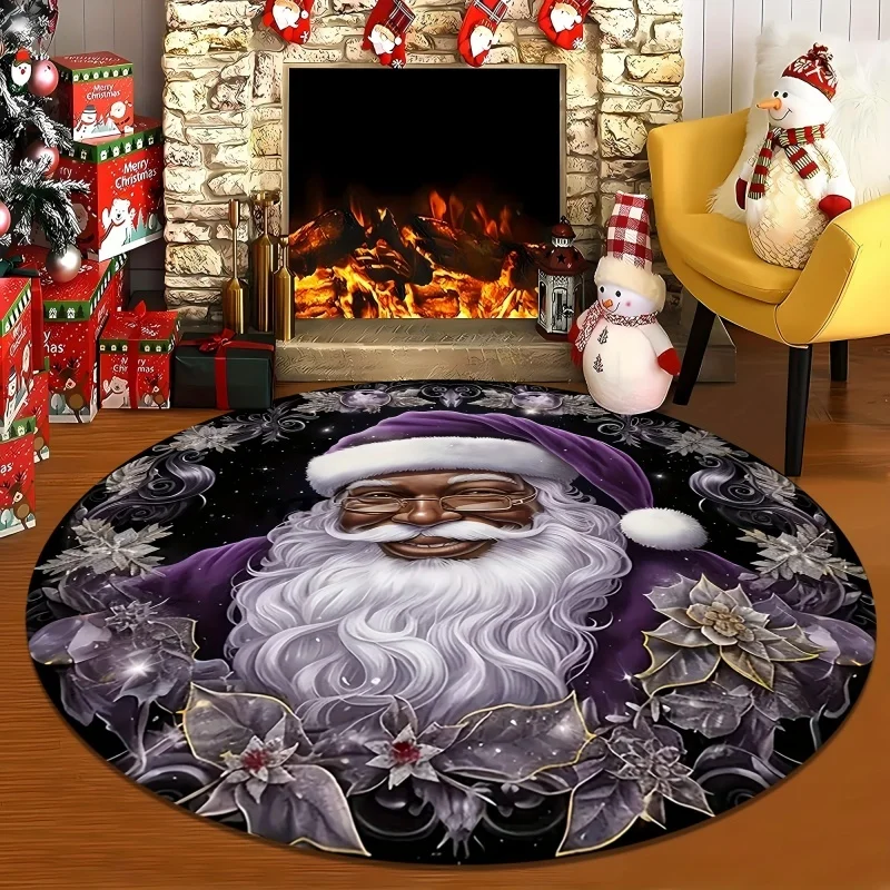 Black Santa Poinsettia Round Area Rug, Christmas Floral Printed Floor Mat, Xmas Holiday Decor Carpet for Living Room