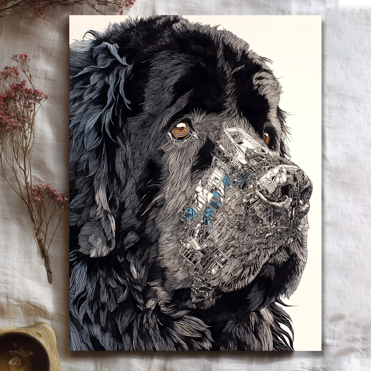 (No frame)1pc Framed Manga Style Newfoundland Dog Wall Art - 1pc Animal Painting Suitable for, Office Decor - Hook/Mount/Past