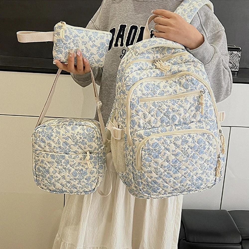Women 3pcs Set Floral Backpack with Lunch Bag and  High Capacity Backpack for Teens Girls Youth Travel Vacation