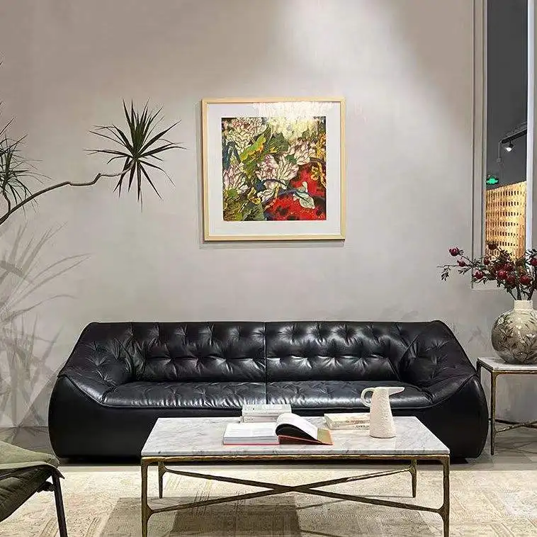 #Newest Design Black Modern Oil Wax Full-Grain Leather Tufted Button Square Shaped Three Seat Sofa Sectional Sponge Apartment