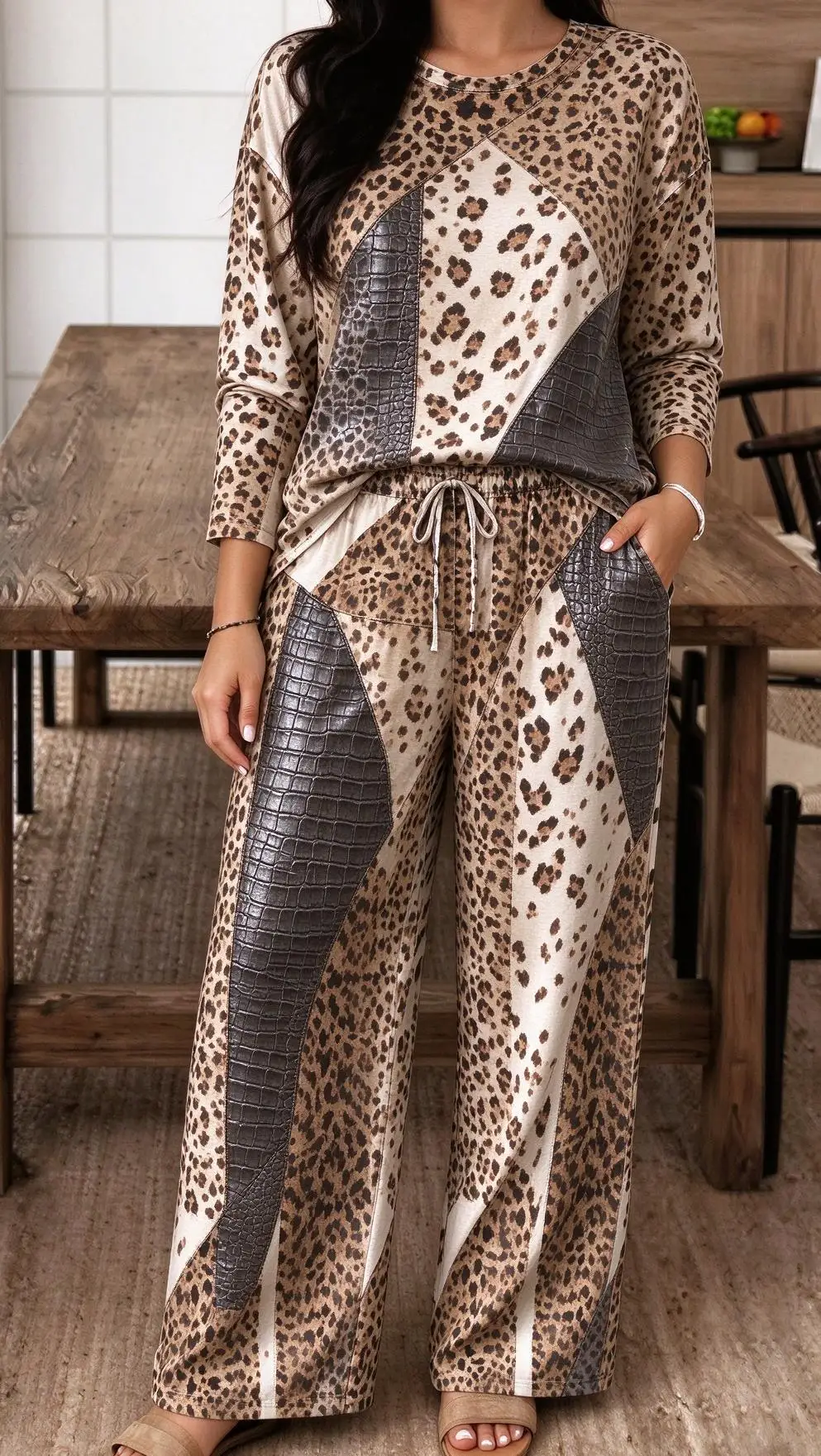 Women Imitation Cotton Loungewear Set Wild Mixed Animal Skin Print Patchwork Long Sleeve Pajamas
